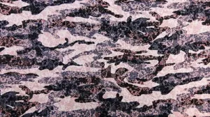 100% Rayon. Like a piece of art with water like current over flowers of brown, grey and light pinkish flowers.  sold by the yard