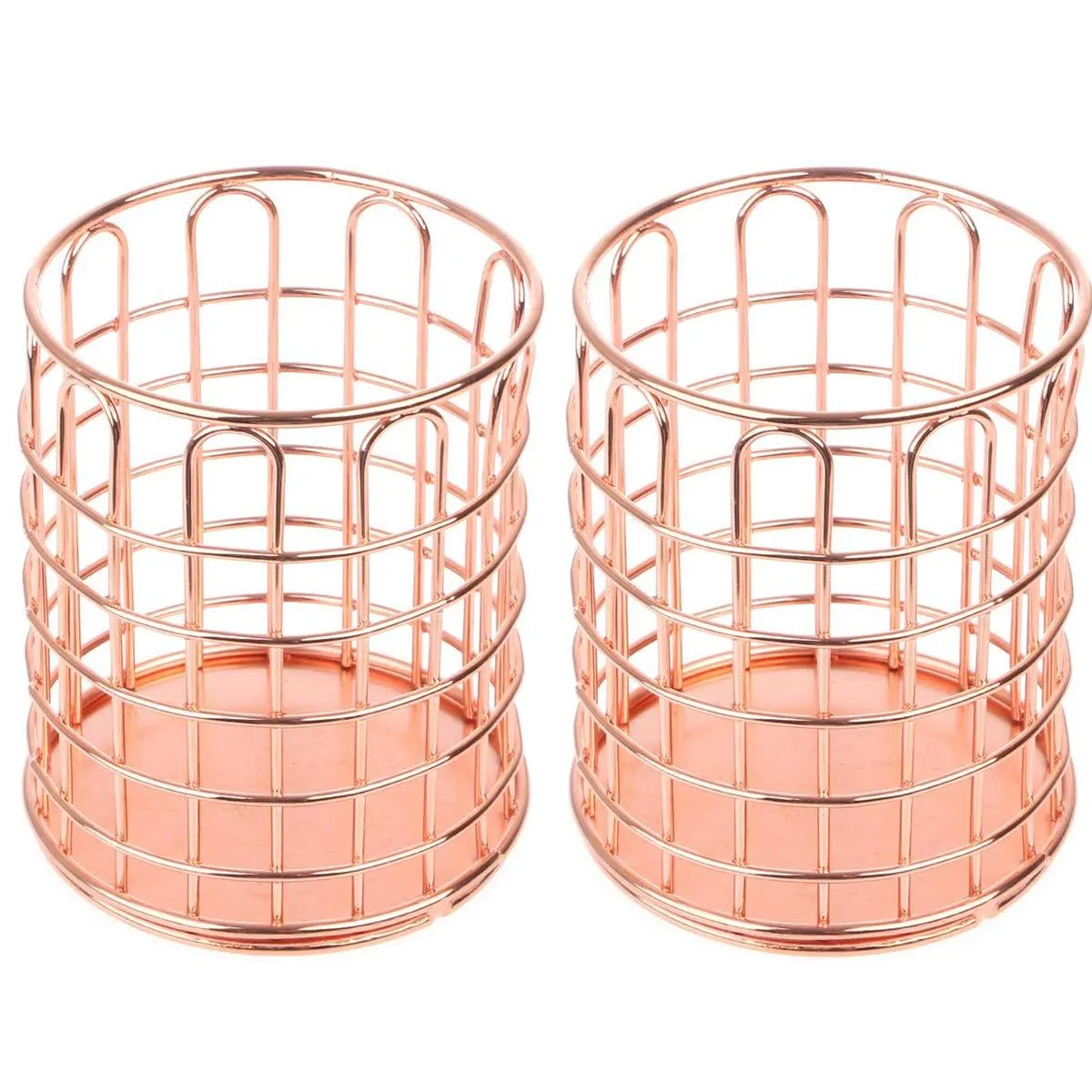 2 Pcs of Round Pen Cups, Abuff Rose Gold Wire Metal Desktop Pencil Holder Desk Organizer for Desk Office and School