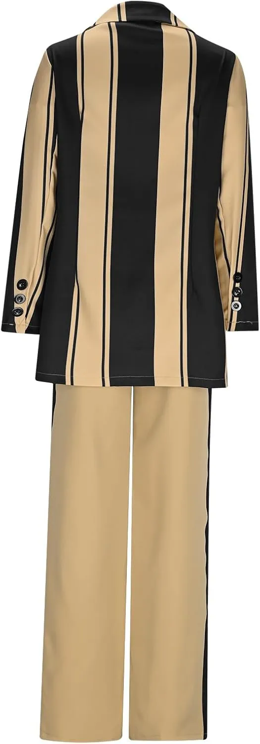2 Piece Blazer Outfits for Women Oversized Striped Color Block Jacket Wide Leg Pants Suits Lapel Business Dressy Sets