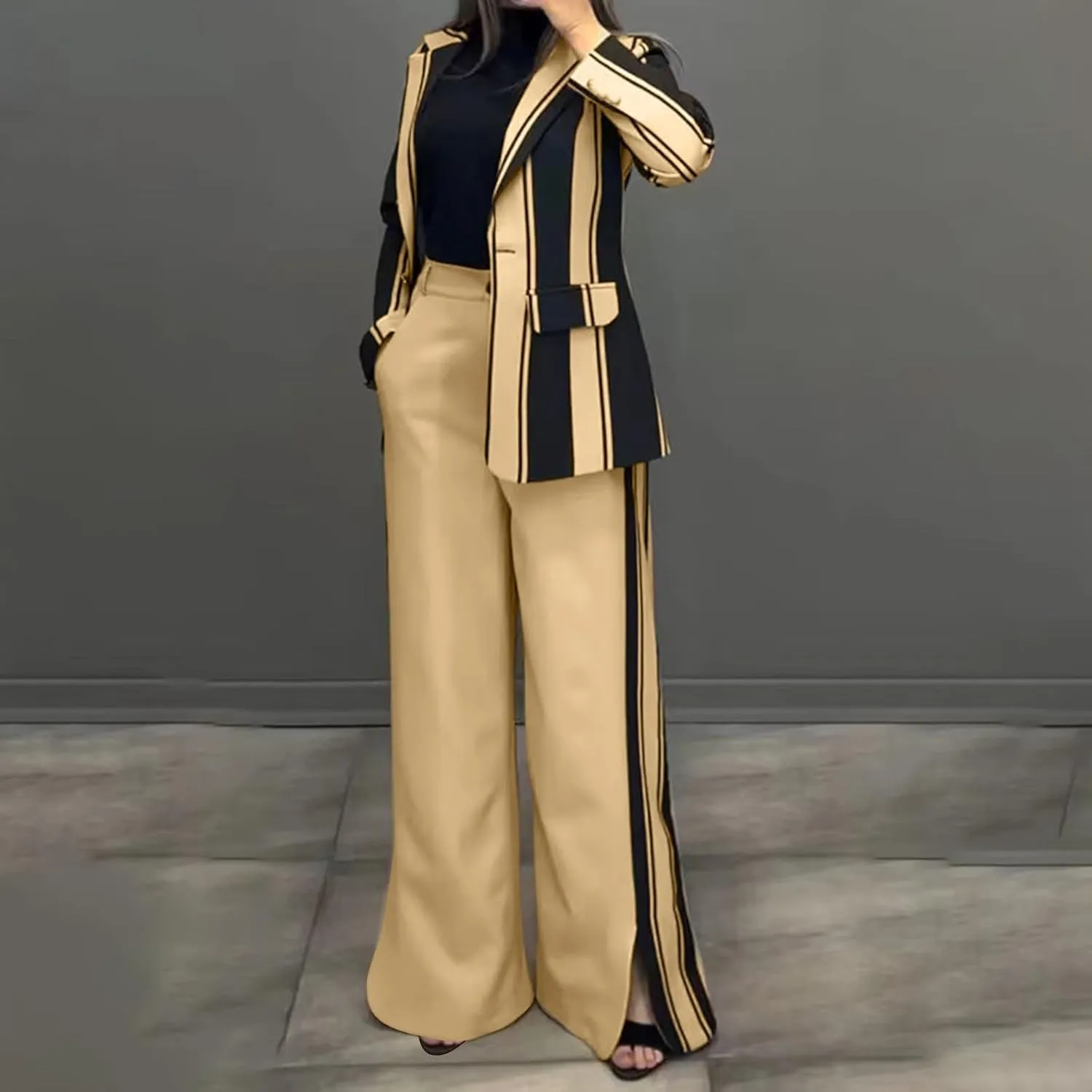 2 Piece Blazer Outfits for Women Oversized Striped Color Block Jacket Wide Leg Pants Suits Lapel Business Dressy Sets