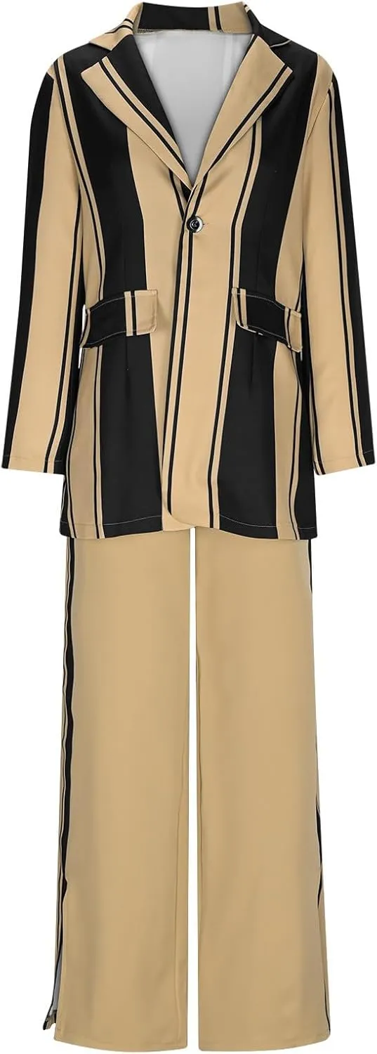 2 Piece Blazer Outfits for Women Oversized Striped Color Block Jacket Wide Leg Pants Suits Lapel Business Dressy Sets