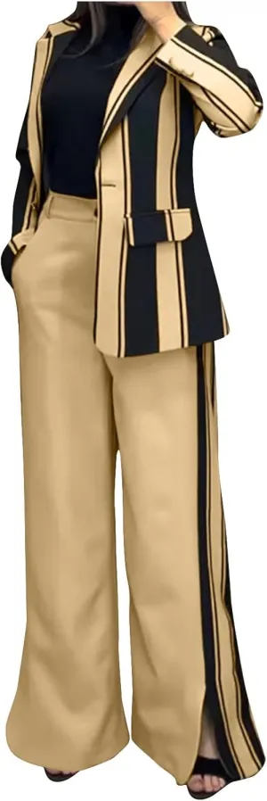 2 Piece Blazer Outfits for Women Oversized Striped Color Block Jacket Wide Leg Pants Suits Lapel Business Dressy Sets