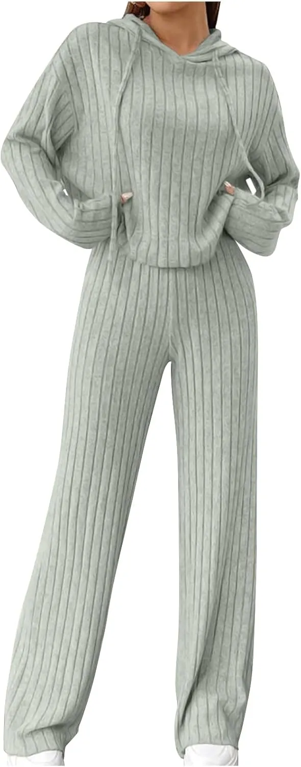 2 Piece Knit Outfits for Women 2024 Fall Long Sleeve Hoodie and High Elastic Waist Long Pants Solid Loungewear Sets