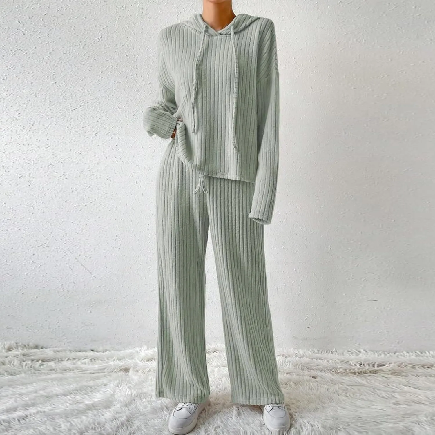 2 Piece Knit Outfits for Women 2024 Fall Long Sleeve Hoodie and High Elastic Waist Long Pants Solid Loungewear Sets