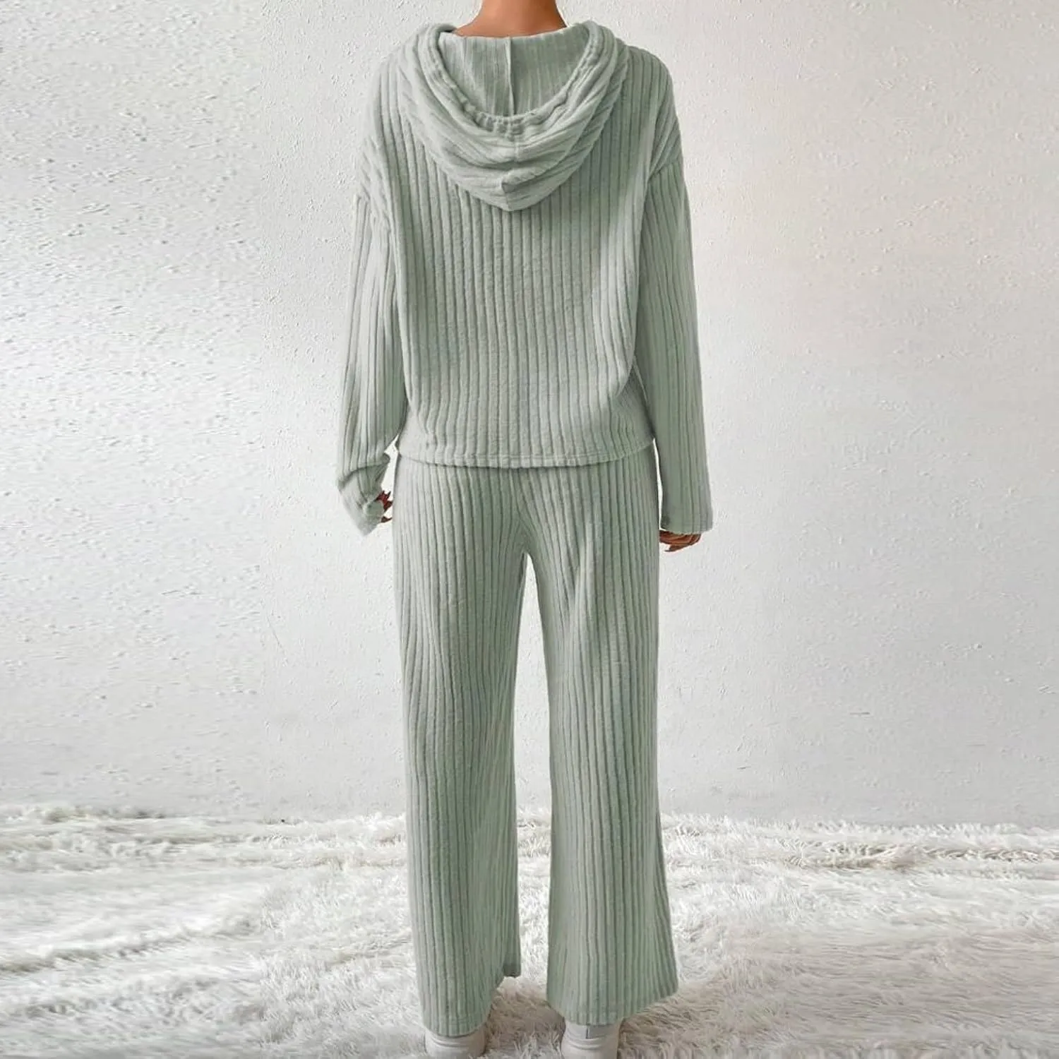2 Piece Knit Outfits for Women 2024 Fall Long Sleeve Hoodie and High Elastic Waist Long Pants Solid Loungewear Sets
