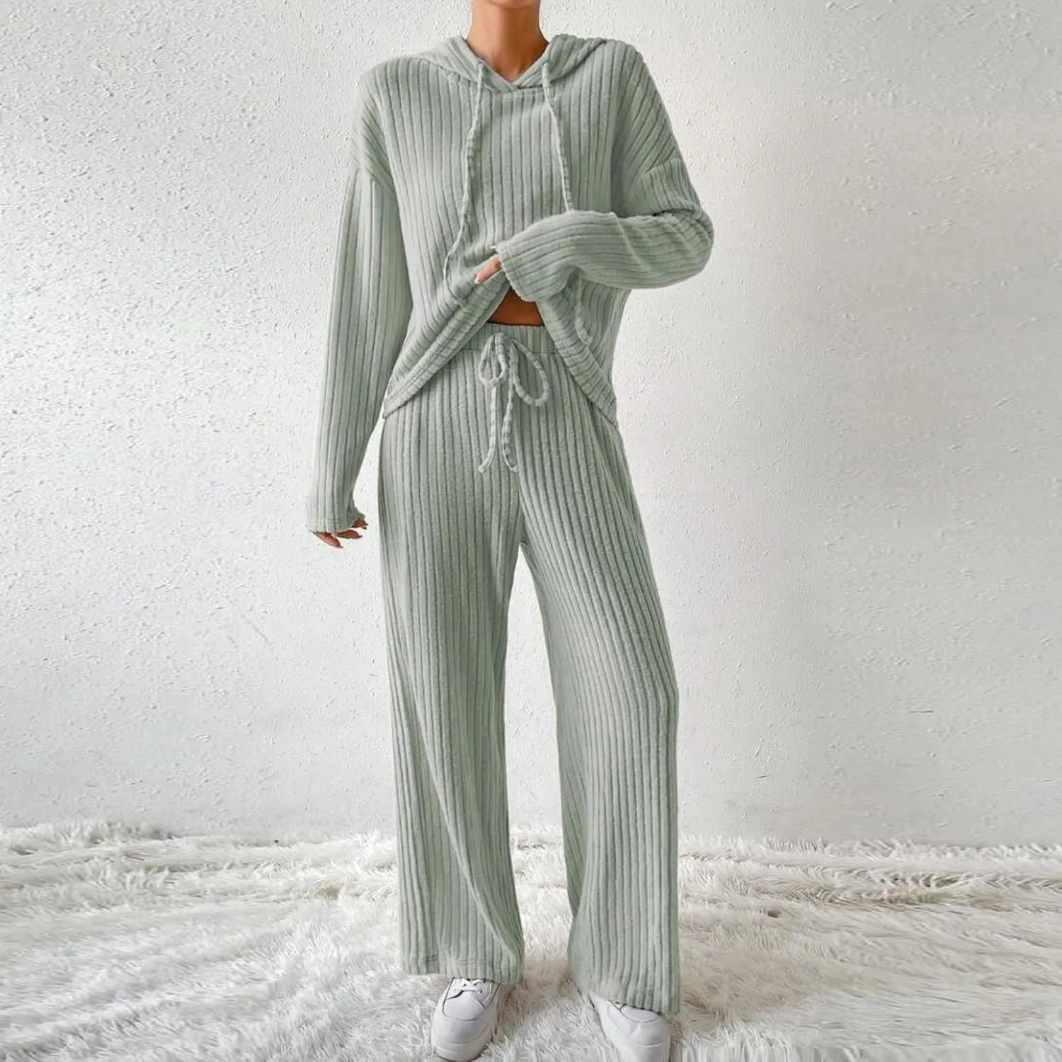2 Piece Knit Outfits for Women 2024 Fall Long Sleeve Hoodie and High Elastic Waist Long Pants Solid Loungewear Sets