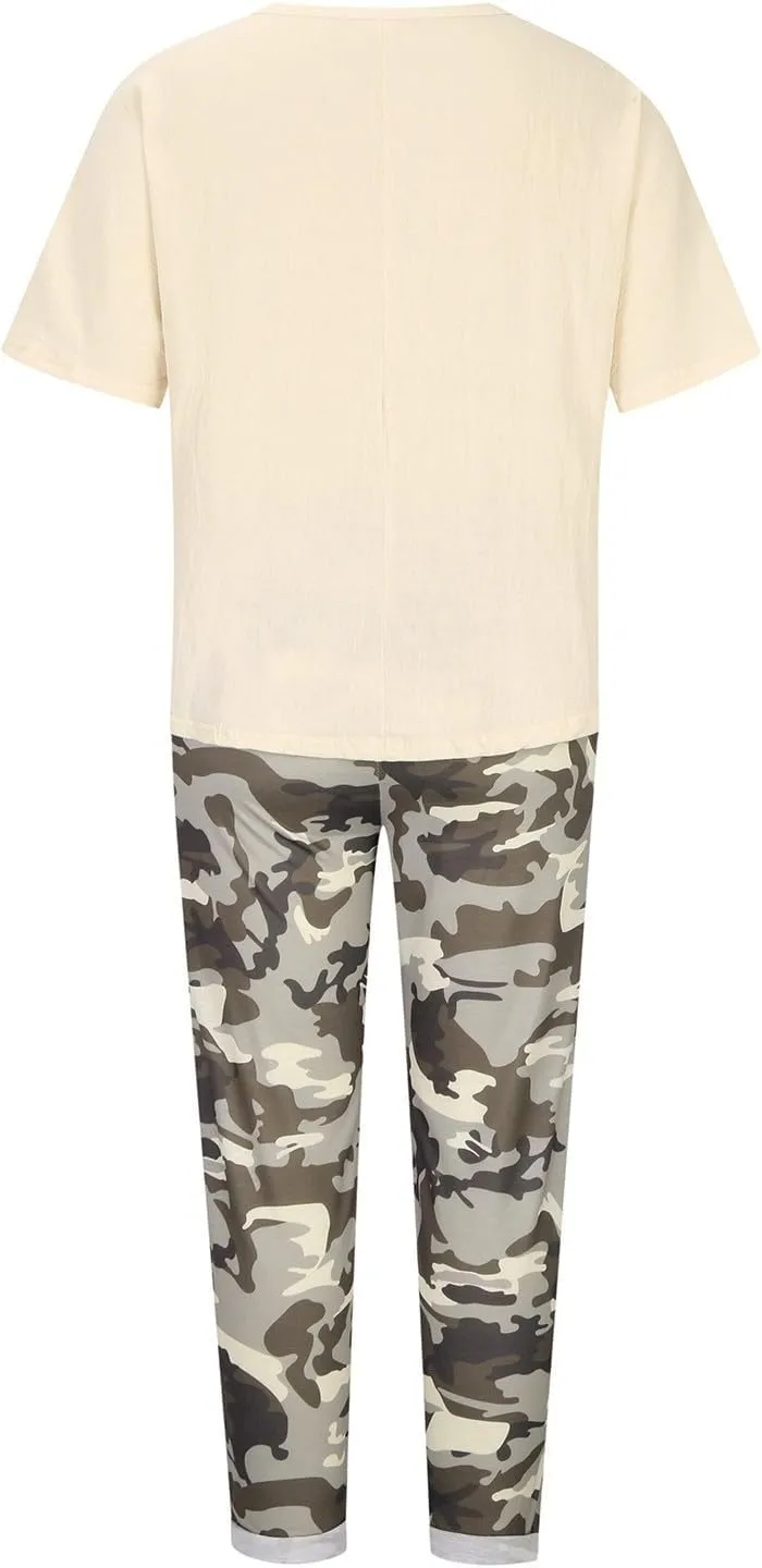 2 Piece Linen Set for Women Summer Outfits Plus Size Short Sleeve Graphic Tees Camo Pants Lounge Matching Sets