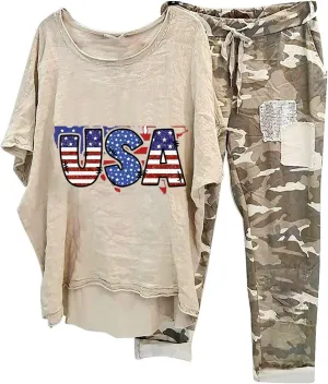 2 Piece Linen Set for Women Summer Outfits Plus Size Short Sleeve Graphic Tees Camo Pants Lounge Matching Sets