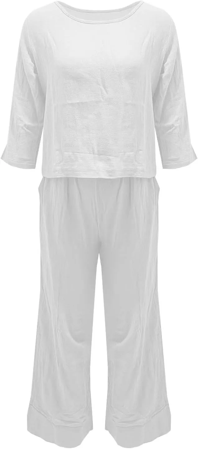 2 Piece Linen Sets for Women Half Sleeve Crewneck Fashion Casual Shirts High Waist Wide Leg Baggy Lounge Pant Outfits