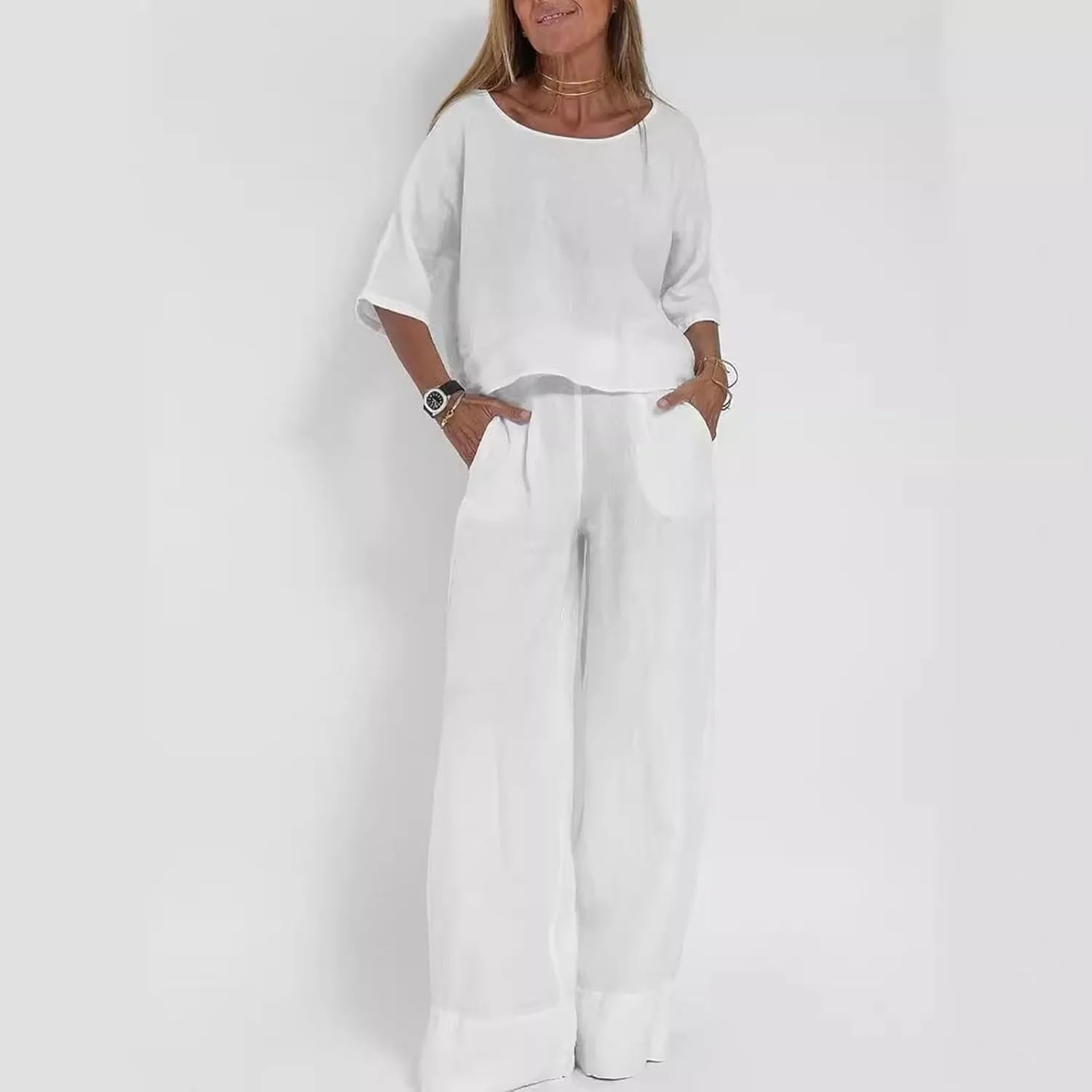 2 Piece Linen Sets for Women Half Sleeve Crewneck Fashion Casual Shirts High Waist Wide Leg Baggy Lounge Pant Outfits