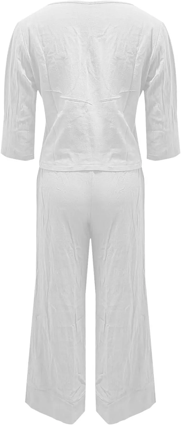 2 Piece Linen Sets for Women Half Sleeve Crewneck Fashion Casual Shirts High Waist Wide Leg Baggy Lounge Pant Outfits