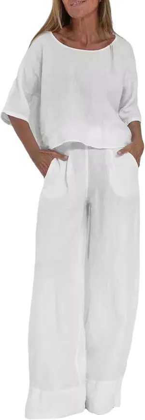 2 Piece Linen Sets for Women Half Sleeve Crewneck Fashion Casual Shirts High Waist Wide Leg Baggy Lounge Pant Outfits