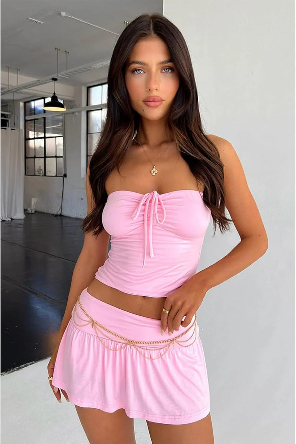 2 Piece Skirt Outfits for Women Y2k Summer Bandeau Going Out Crop Tops and Low Wasit Mini Skorts Sets