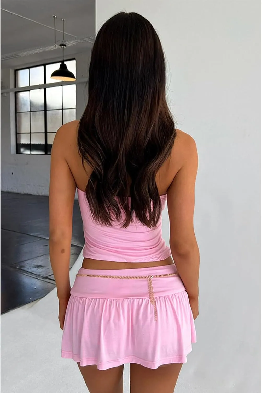 2 Piece Skirt Outfits for Women Y2k Summer Bandeau Going Out Crop Tops and Low Wasit Mini Skorts Sets