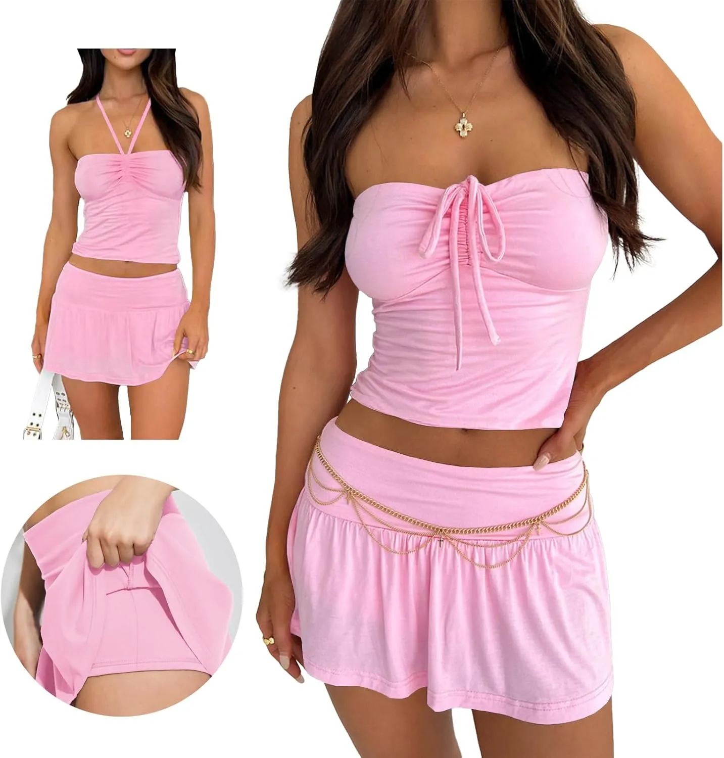 2 Piece Skirt Outfits for Women Y2k Summer Bandeau Going Out Crop Tops and Low Wasit Mini Skorts Sets