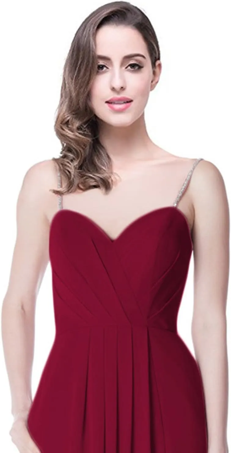 2018 A Line Spaghetti Strap Chiffon Bridesmaid Dress Split with Pocket Formal Gown
