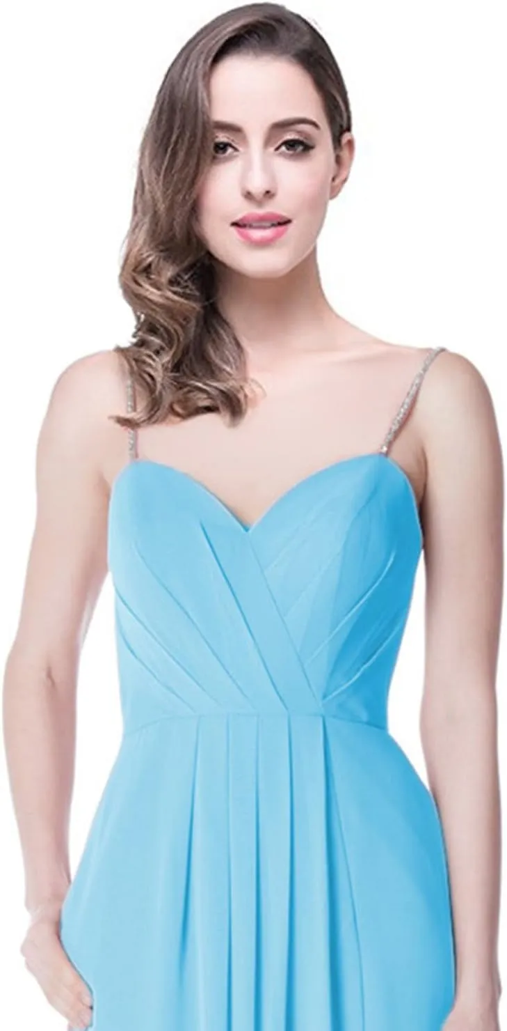 2018 A Line Spaghetti Strap Chiffon Bridesmaid Dress Split with Pocket Formal Gown