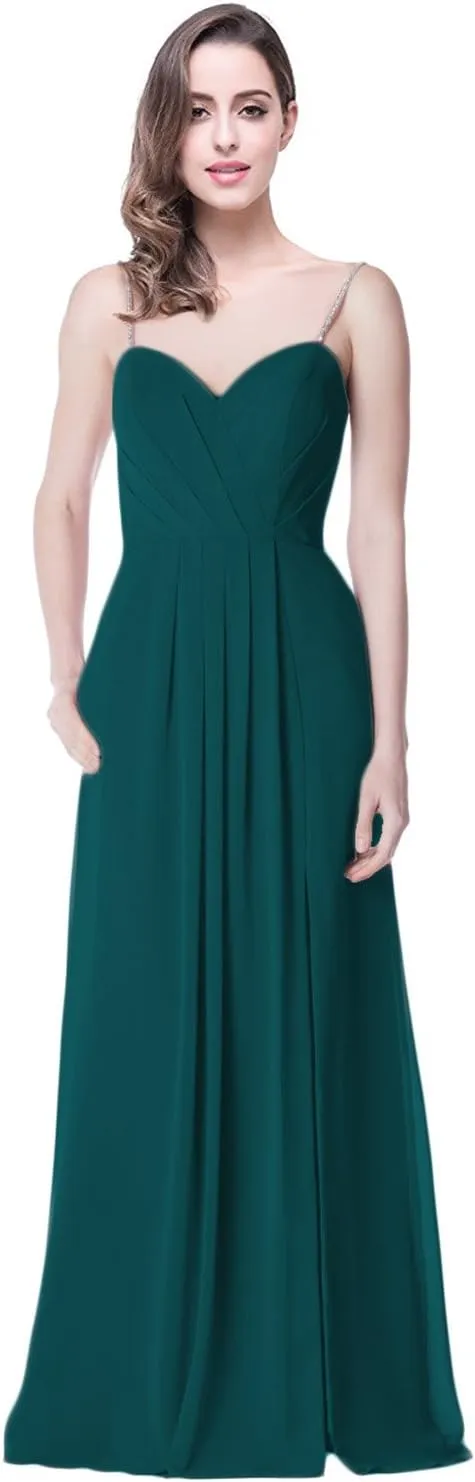 2018 A Line Spaghetti Strap Chiffon Bridesmaid Dress Split with Pocket Formal Gown