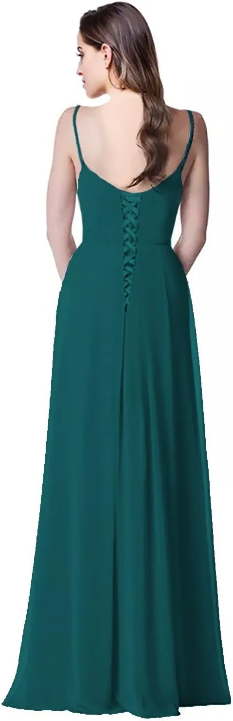 2018 A Line Spaghetti Strap Chiffon Bridesmaid Dress Split with Pocket Formal Gown