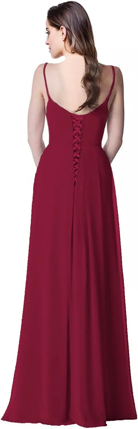 2018 A Line Spaghetti Strap Chiffon Bridesmaid Dress Split with Pocket Formal Gown