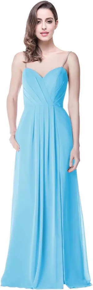 2018 A Line Spaghetti Strap Chiffon Bridesmaid Dress Split with Pocket Formal Gown