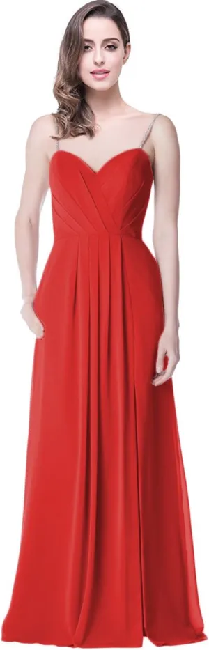 2018 A Line Spaghetti Strap Chiffon Bridesmaid Dress Split with Pocket Formal Gown