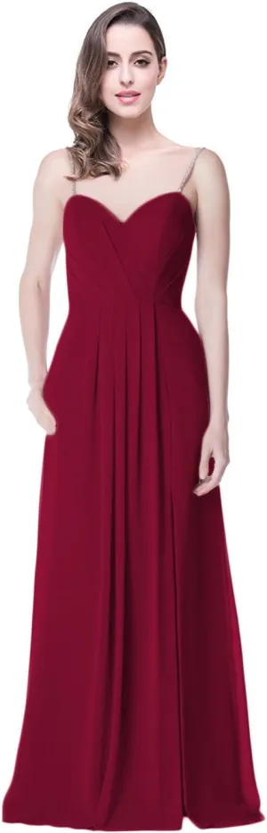 2018 A Line Spaghetti Strap Chiffon Bridesmaid Dress Split with Pocket Formal Gown