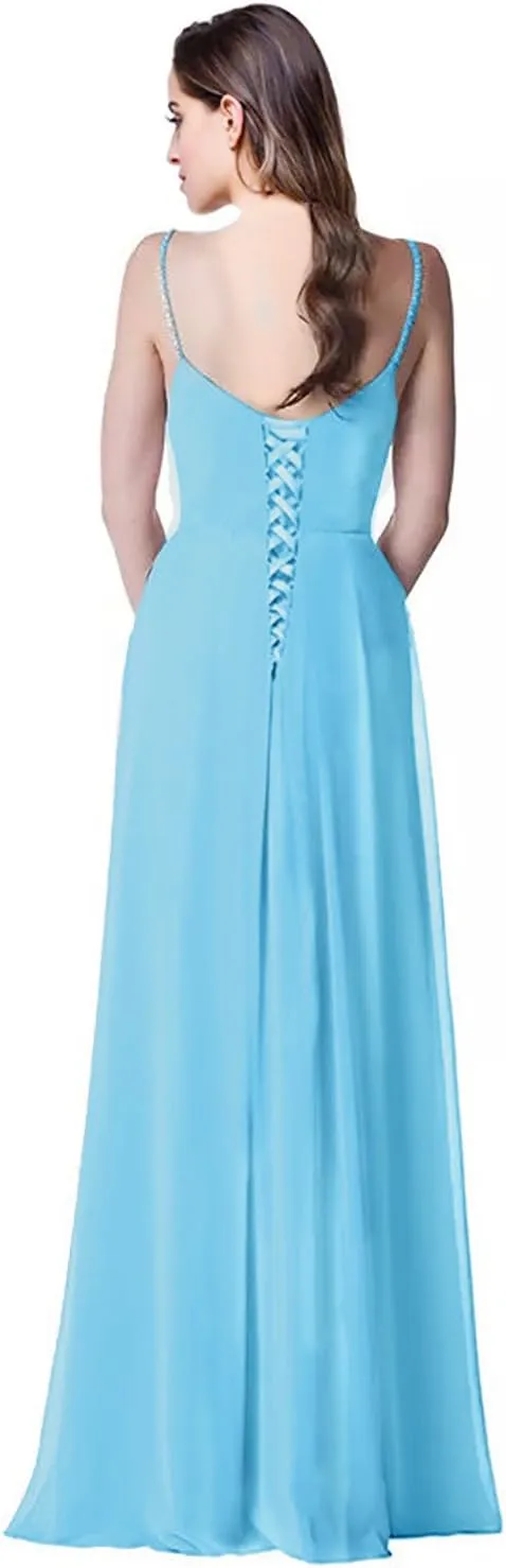 2018 A Line Spaghetti Strap Chiffon Bridesmaid Dress Split with Pocket Formal Gown