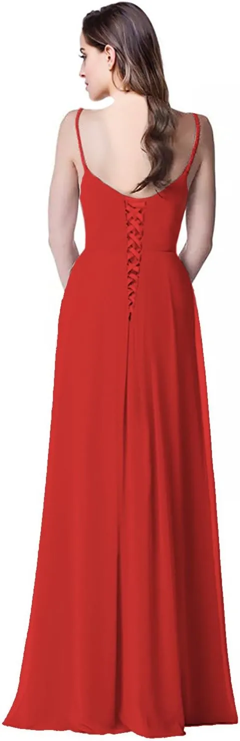 2018 A Line Spaghetti Strap Chiffon Bridesmaid Dress Split with Pocket Formal Gown