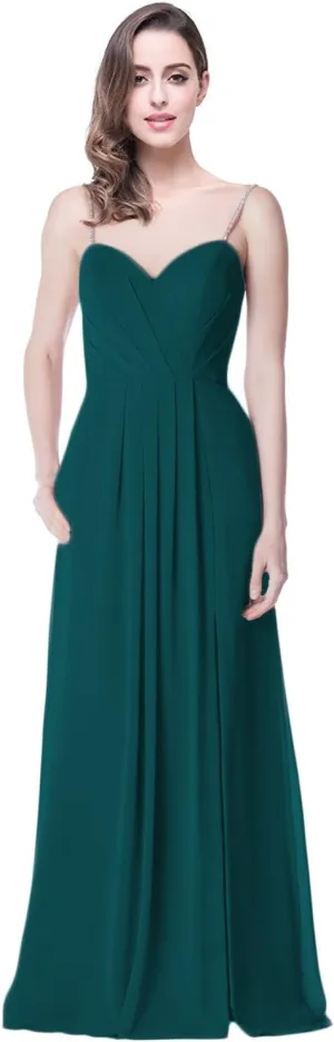 2018 A Line Spaghetti Strap Chiffon Bridesmaid Dress Split with Pocket Formal Gown