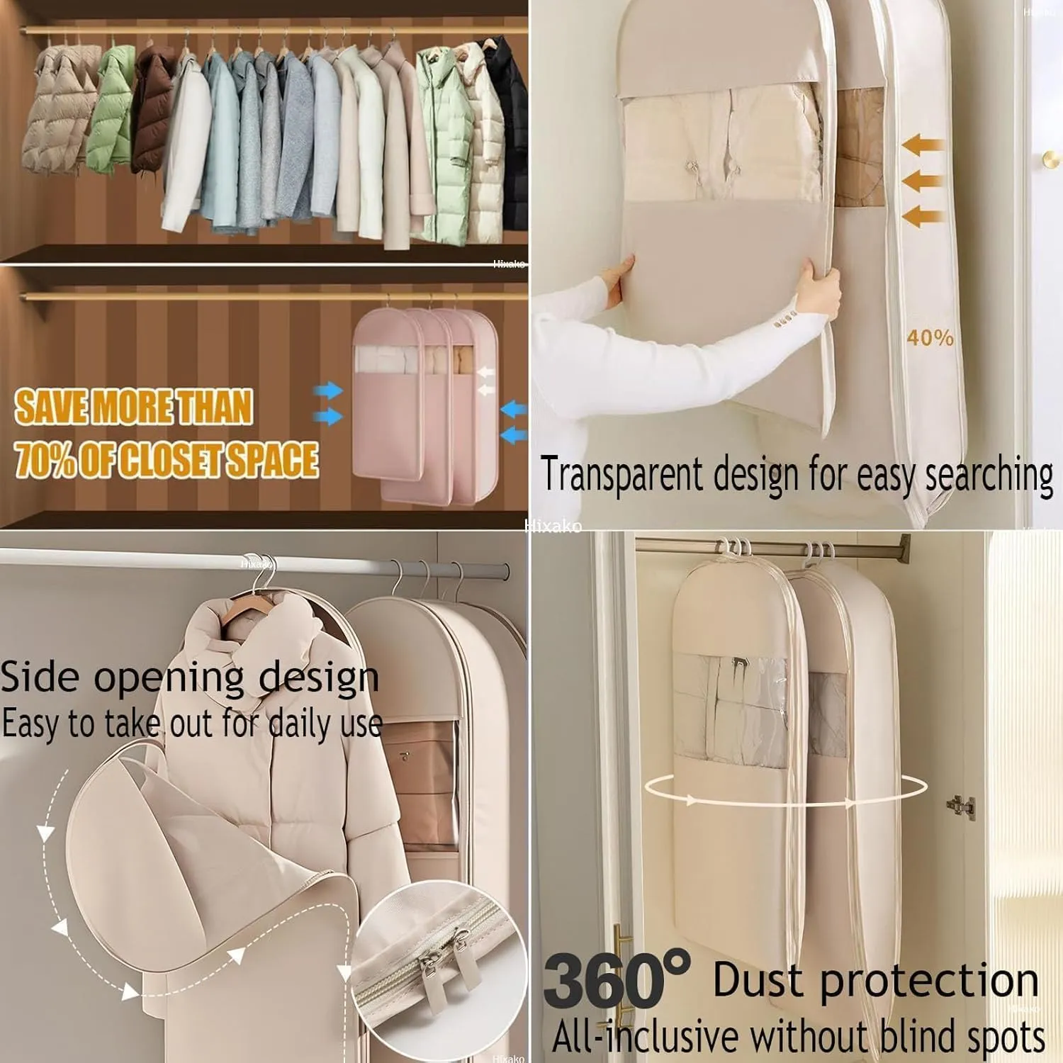 2025 Space Saving Hanging Garment Bag with Self Compression Zipper, Closet Organizers Garment Bags for Hanging Clothes, Protects Clothes from Wrinkles (Pink,XL)