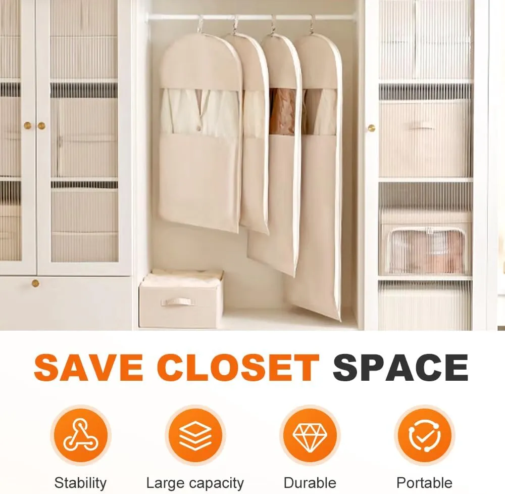 2025 Space Saving Hanging Garment Bag with Self Compression Zipper, Dust Cover Clothes Bags for Down Coat, Heavy Duty Closet Organizer Garment Bags for Closet Storage (Beige, Medium)