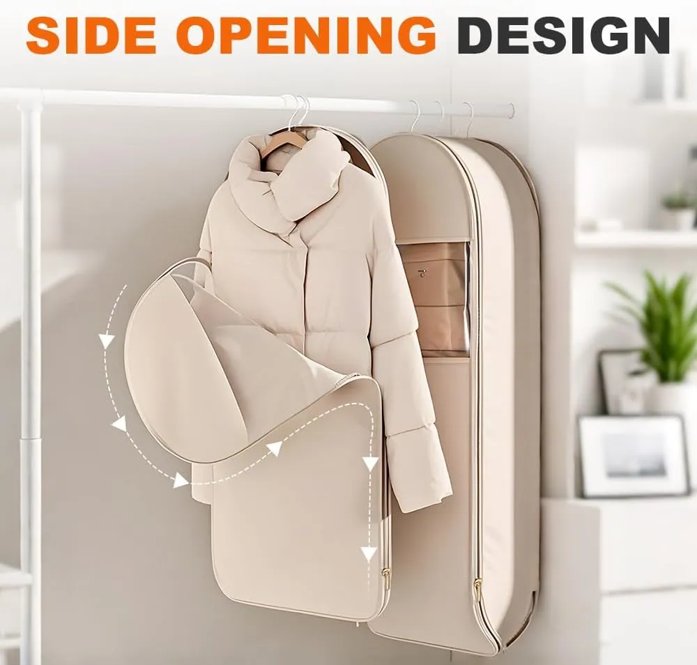 2025 Space Saving Hanging Garment Bag with Self Compression Zipper, Dust Cover Clothes Bags for Down Coat, Space Saver Closet Organizer Coat Bags for Closet Storage (Beige, Small Medium Large)