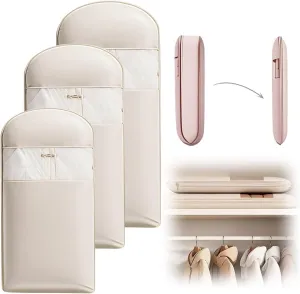 2025 Space Saving Hanging Garment Bag with Self Compression Zipper, Dust Cover Clothes Bags for Down Coat, Space Saver Closet Organizer Coat Bags for Closet Storage (Beige, Small Medium Large)