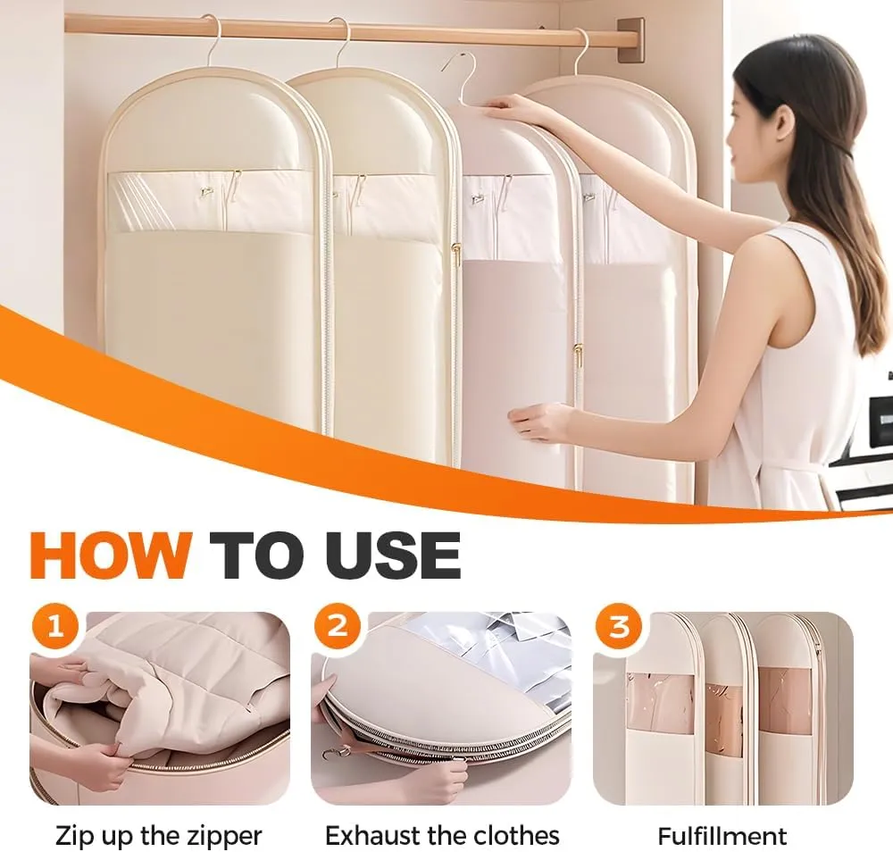 2025 Space Saving Hanging Garment Bag with Self Compression Zipper, Dust Cover Clothes Bags for Down Coat, Space Saver Closet Organizer Coat Bags for Closet Storage (Beige, Small Medium Large)