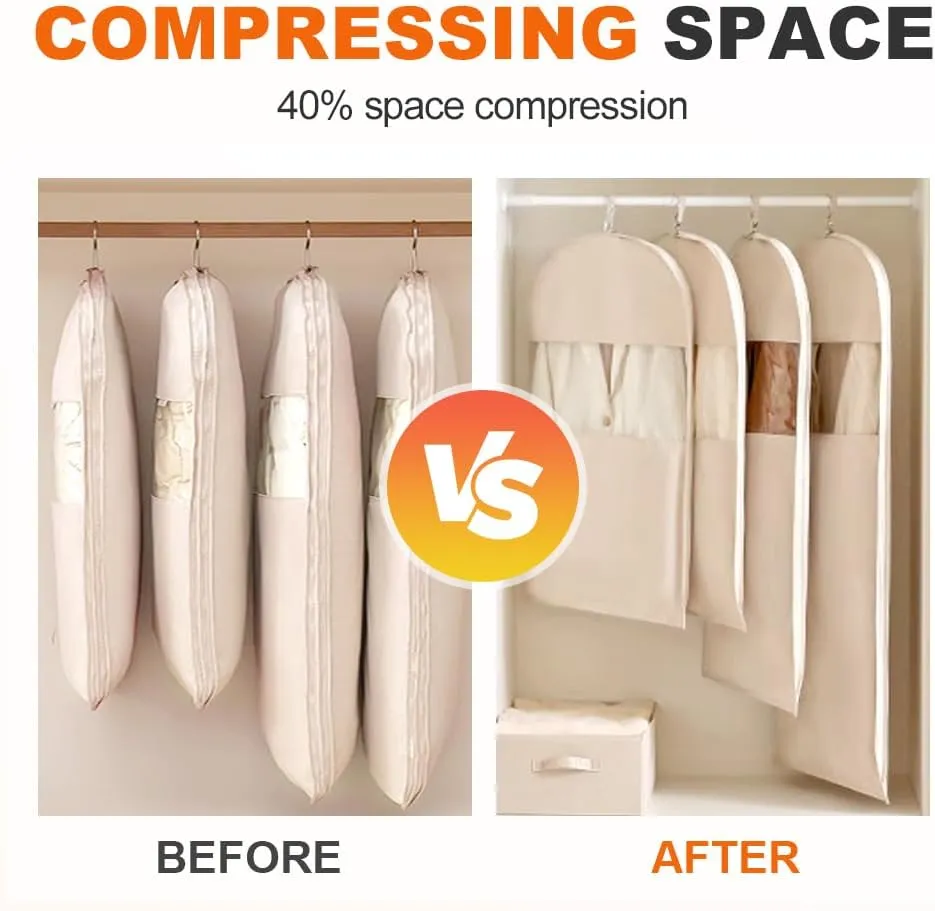 2025 Space Saving Hanging Garment Bag with Self Compression Zipper, Dust Cover Clothes Bags for Down Coat, Space Saver Closet Organizer Coat Bags for Closet Storage (Beige, Small Medium Large)