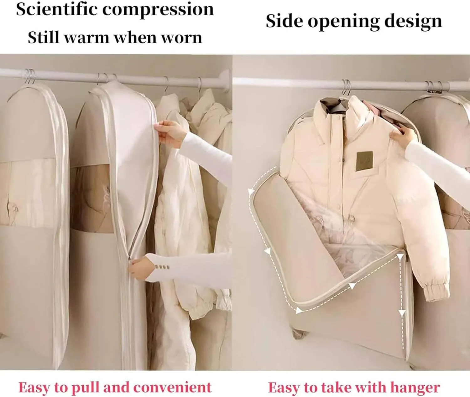 2025 Space Saving Hanging Garment Bag with Self Compression Zipper, Space Saving Hanging Protector for Down Coat, Down Coat Compression Dust Cover for Closet Storage (Beige,L)
