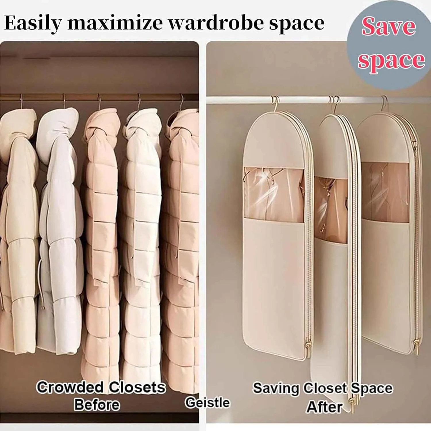 2025 Space Saving Hanging Garment Bag with Self Compression Zipper, Space Saving Hanging Protector for Down Coat, Down Coat Compression Dust Cover for Closet Storage (Beige,L)