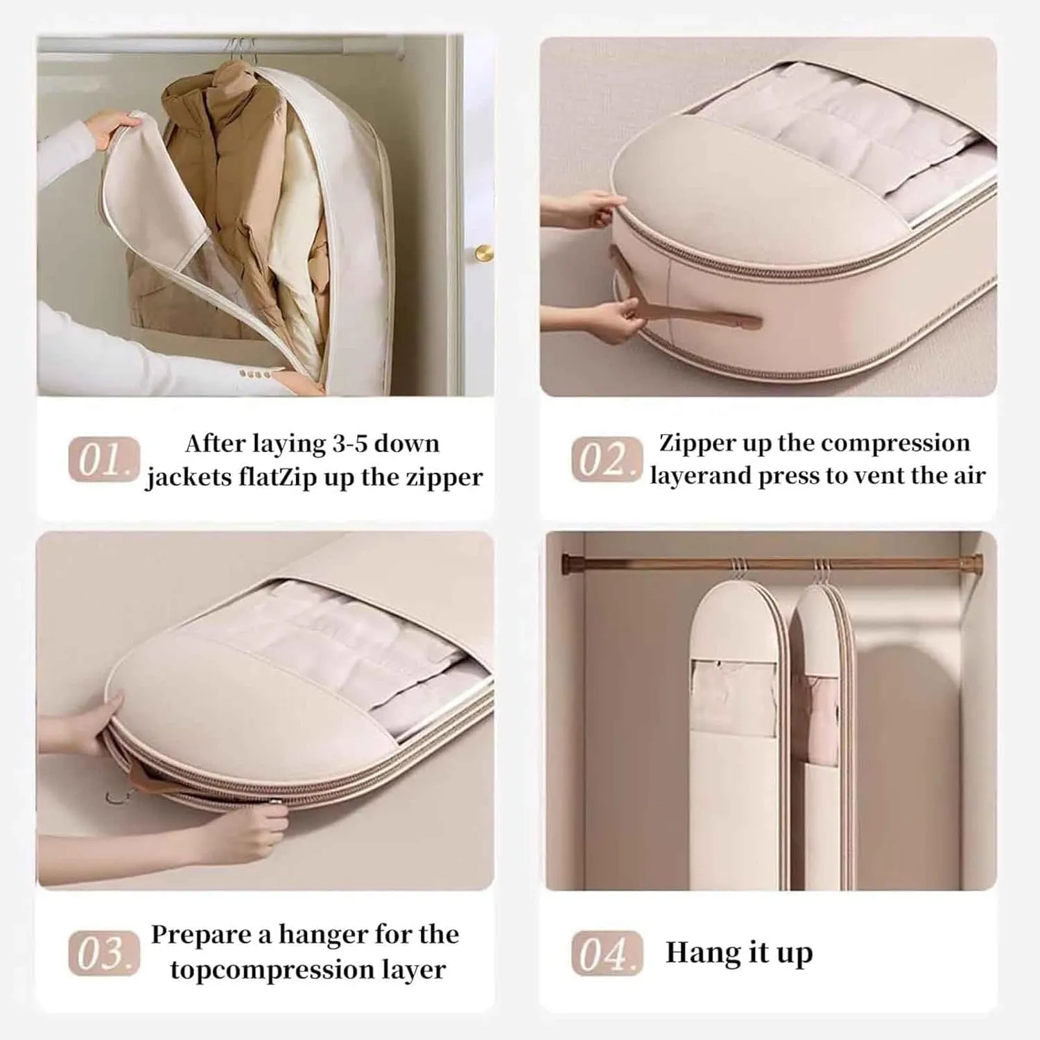 2025 Space Saving Hanging Garment Bag with Self Compression Zipper, Space Saving Hanging Protector for Down Coat, Down Coat Compression Dust Cover for Closet Storage (Beige,L)