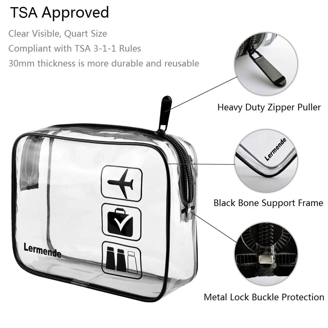 2pcs/pack Lermende Clear Toiletry Bag TSA Approved Travel Carry On Airport Airline Compliant Bag Quart Sized 3-1-1 Kit Luggage Pouch (Black)