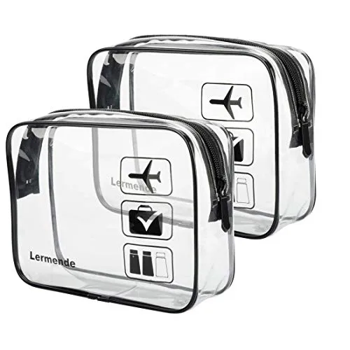 2pcs/pack Lermende Clear Toiletry Bag TSA Approved Travel Carry On Airport Airline Compliant Bag Quart Sized 3-1-1 Kit Luggage Pouch (Black)