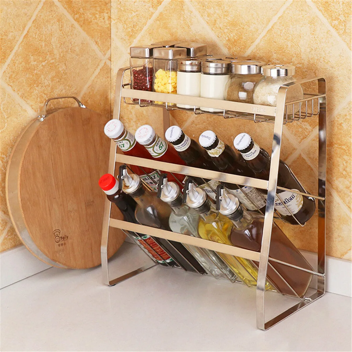 3-Tier Stainless Steel Kitchen Spice Rack - Countertop Organizer for Spice Jars and Bottles