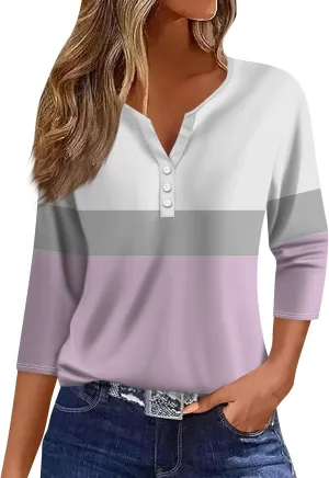 3/4 Length Sleeve Womens Tops 2025 Summer Henley Neck Shirts Three Quarter Sleeve Tshirts