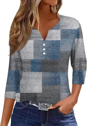 3/4 Length Sleeve Womens Tops 2025 Summer Henley Neck Shirts Three Quarter Sleeve Tshirts