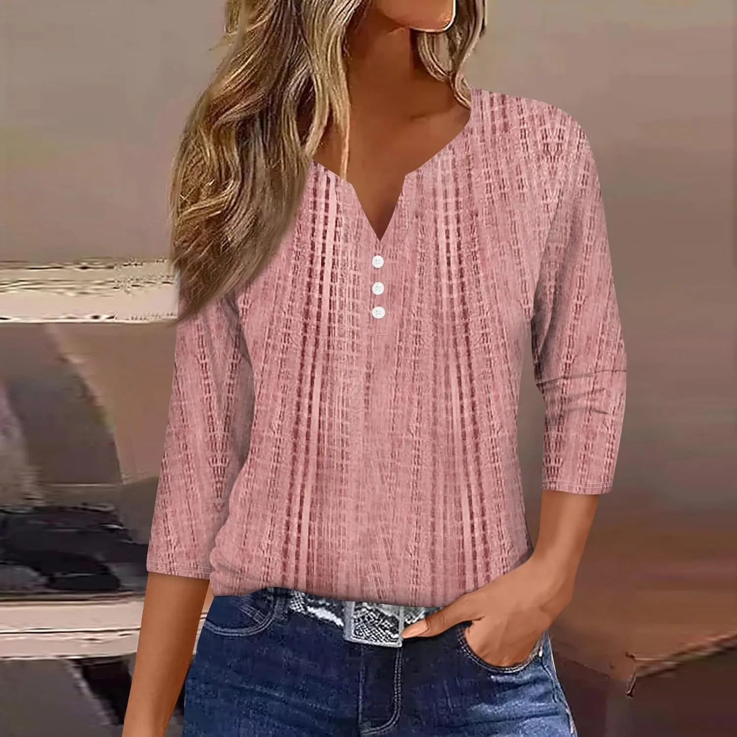 3/4 Length Sleeve Womens Tops 2025 Summer Henley Neck Shirts Three Quarter Sleeve Tshirts