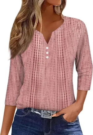 3/4 Length Sleeve Womens Tops 2025 Summer Henley Neck Shirts Three Quarter Sleeve Tshirts
