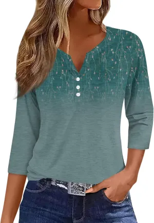 3/4 Length Sleeve Womens Tops 2025 Summer Henley Neck Shirts Three Quarter Sleeve Tshirts