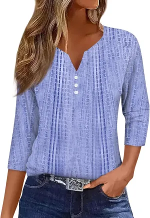 3/4 Length Sleeve Womens Tops 2025 Summer Henley Neck Shirts Three Quarter Sleeve Tshirts