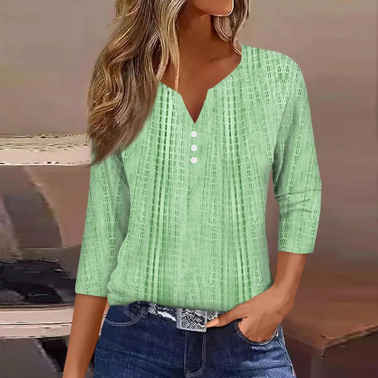3/4 Length Sleeve Womens Tops 2025 Summer Henley Neck Shirts Three Quarter Sleeve Tshirts