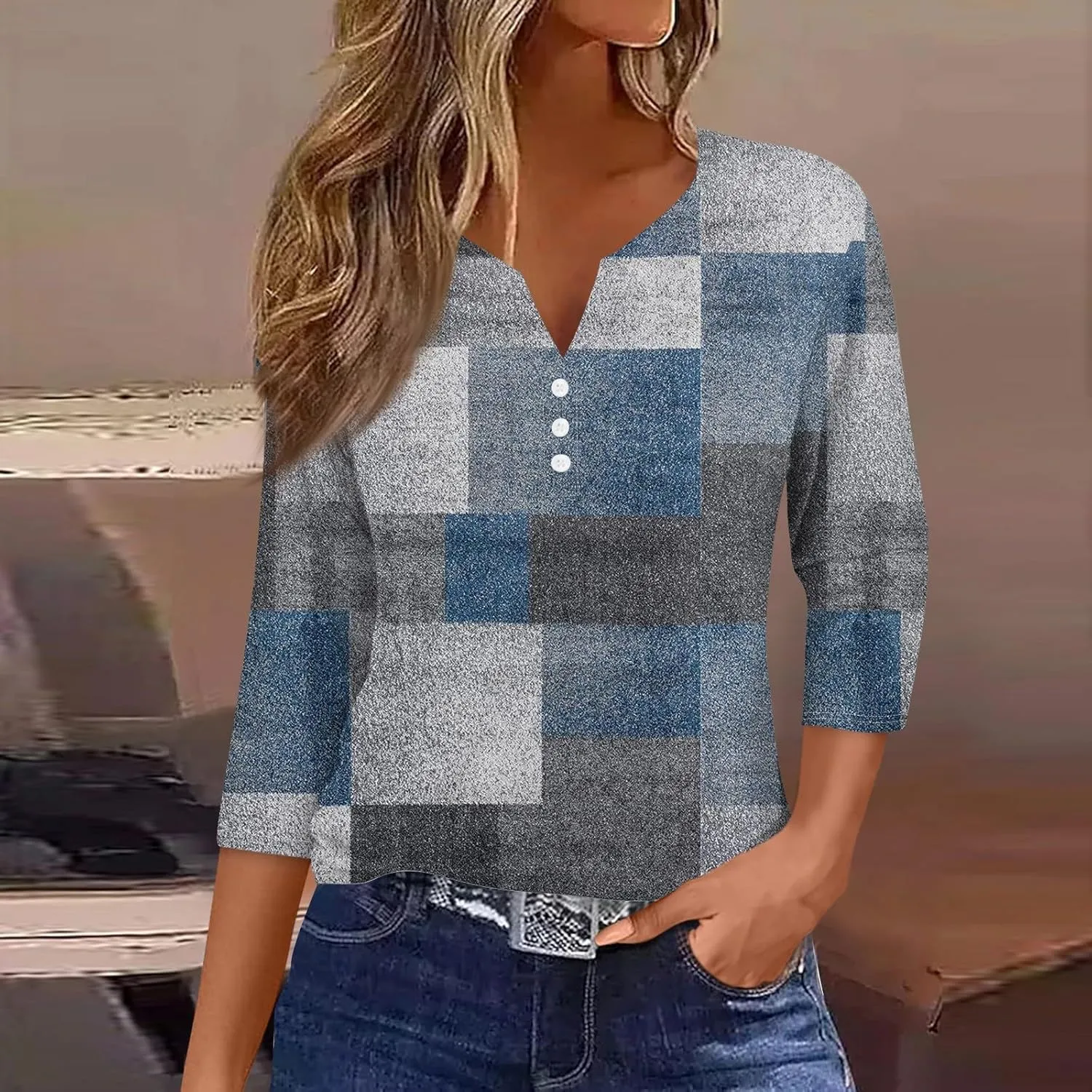 3/4 Length Sleeve Womens Tops 2025 Summer Henley Neck Shirts Three Quarter Sleeve Tshirts
